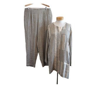 Vintage Carole Little Boho Flax Blend Lagenlook Striped Boxy Tunic Pants Set 24